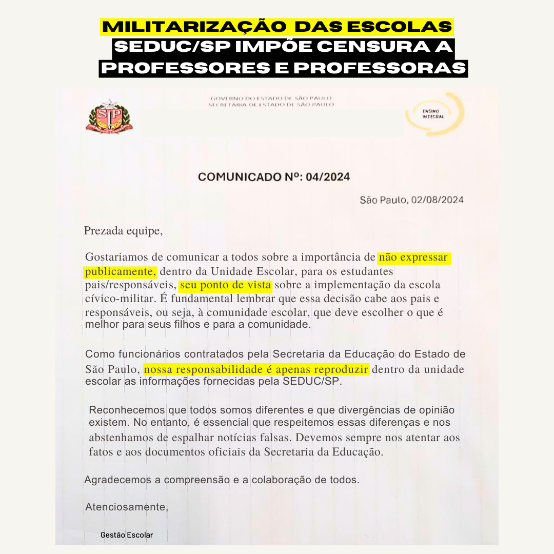 Pra quem não entendeu, a Seduc/SP decidiu desenhar:

Até 15 de agosto está acontecendo a "consulta à comunidade" sobre a militarização das escolas indicadas pelas direções, nela:

1 - Não há previsão de deliberação do Conselho de Escola em nenhuma etapa;  

2 - Os grandes