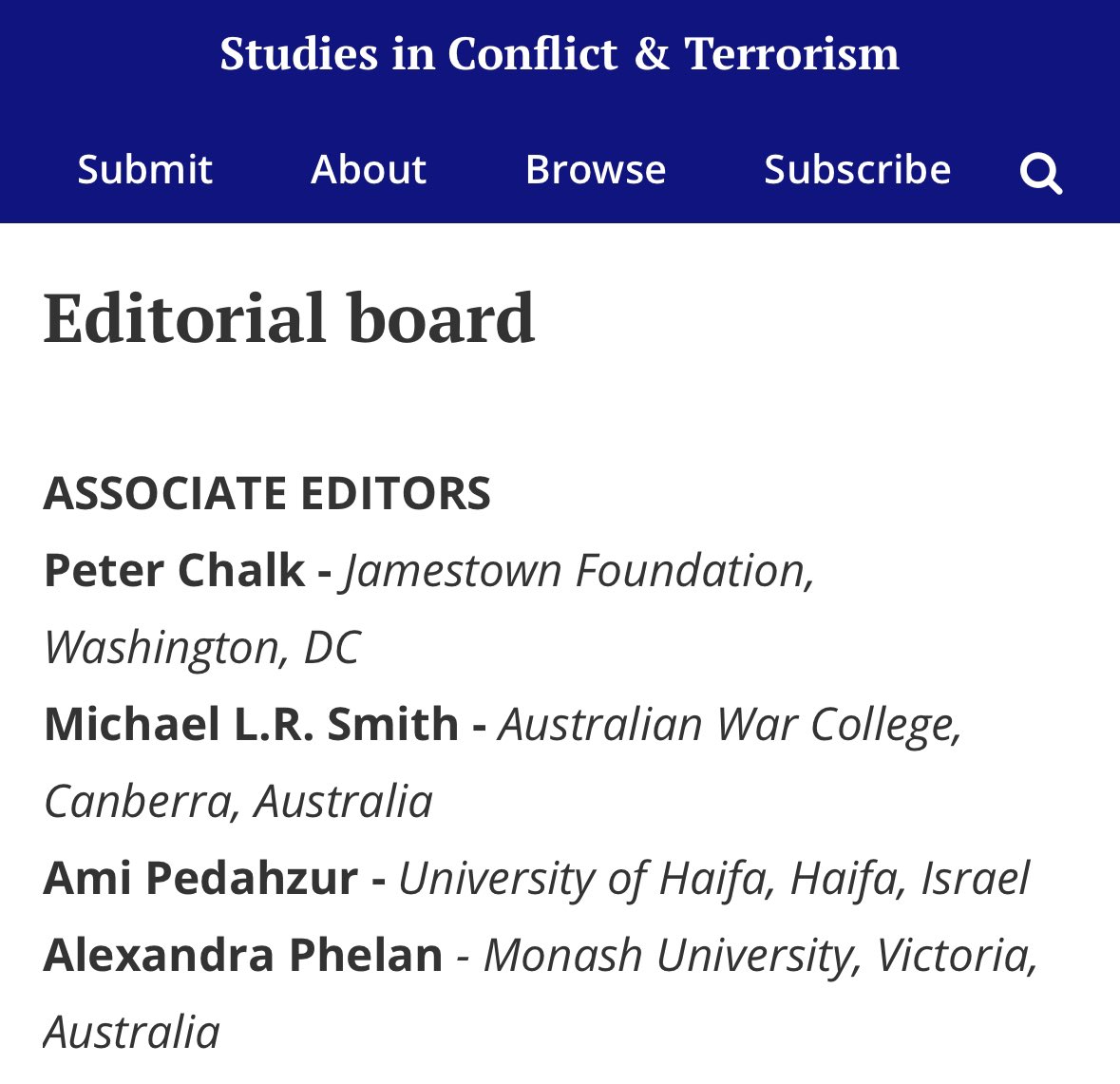 I’m extremely honoured to announce that I am now an Associate Editor for Studies in Conflict and Terrorism. I am so grateful for this opportunity, and I look forward to working close with <a href="/hoffman_bruce/">Bruce Hoffman</a> and the editorial board to continue to publish excellent scholarship!