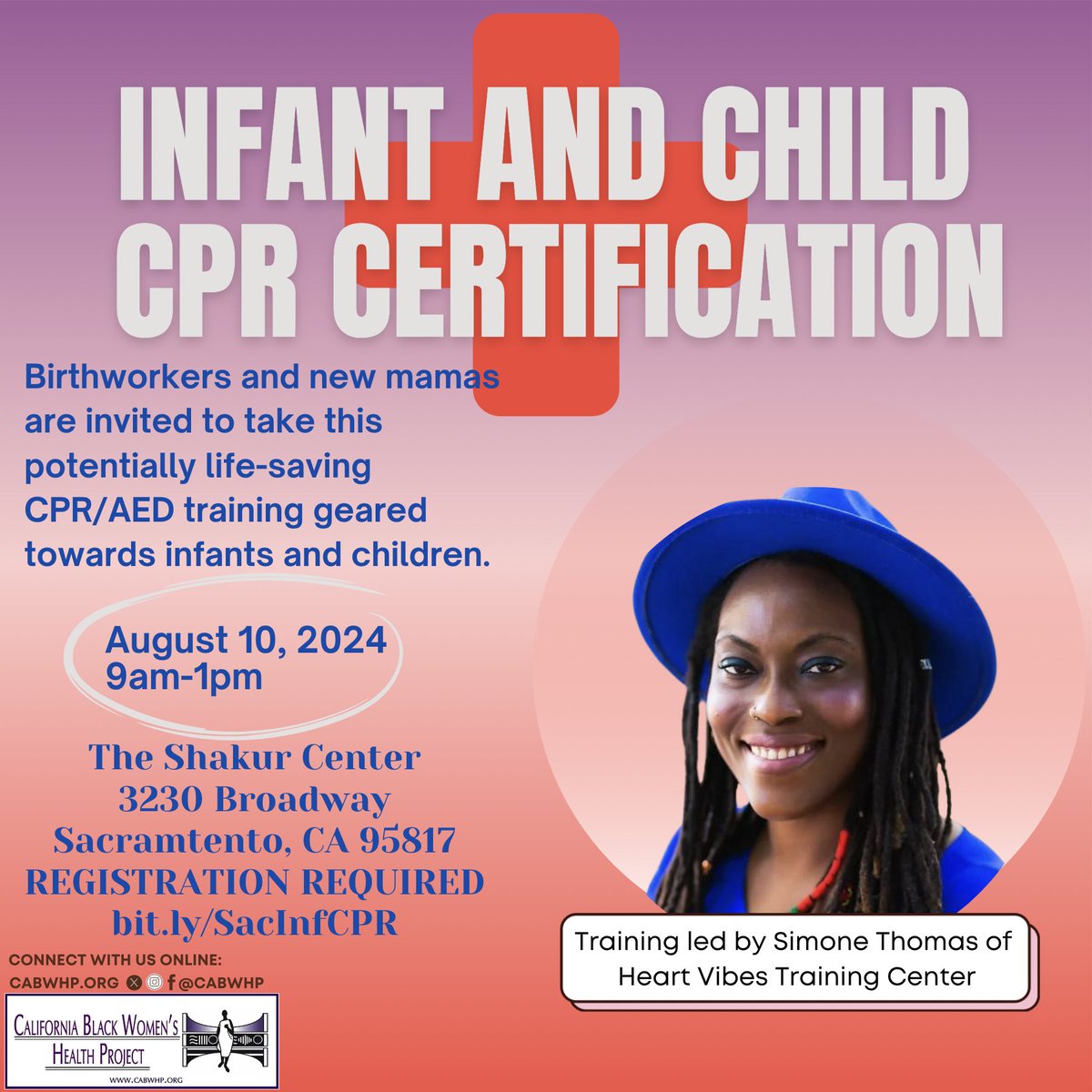 California Black Women's Health Project (CABWHP) (@cabwhp) on Twitter photo A core element of our programing is focused on offering trainings that help promote, advance & uplift the health & well-being of Black women, girls, families & communities. Check out our upcoming trainings, including an Infant & Child CPR Training in Sac: bit.ly/SacInfCPR A core element of our programing is focused on offering trainings that help promote, advance & uplift the health & well-being of Black women, girls, families & communities. Check out our upcoming trainings, including an Infant & Child CPR Training in Sac: bit.ly/SacInfCPR