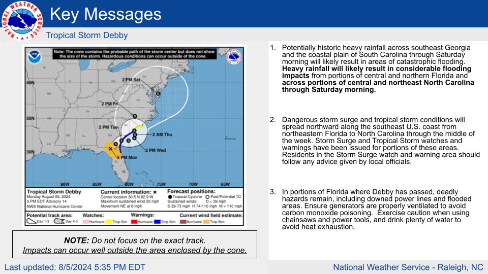 Tropical Storm Debby will likely weaken to a tropical depression by the time it moves over central North Carolina, but the primary threat locally will not be the wind, it will be the RAIN. A flood watch has been issued for several counties and it may be expanded later.
