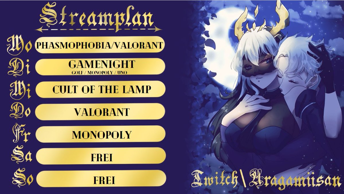 Bin mal so frech und poste mal mein streamingplan für diese Woche auch mal auf Twitter vielleicht sieht man im chat dann neue Gesichter :3