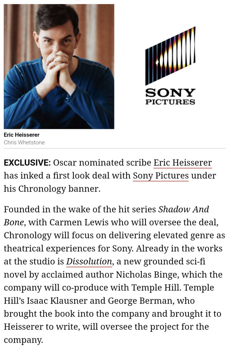 Nicholas Binge - find me elsewhere, I'm not here (@bingewriting) on Twitter photo It's OUT
Thrilled to be working with <a href="/HIGHzurrer/">Eric Heisserer (on hiatus)</a>, Temple Hill Entertainment, and <a href="/SonyPictures/">Sony Pictures</a> on my propulsive new technothriller DISSOLUTION (out March '25)
deadline.com/2024/08/sony-e…
Book details: goodreads.com/book/show/2153… It's OUT
Thrilled to be working with <a href="/HIGHzurrer/">Eric Heisserer (on hiatus)</a>, Temple Hill Entertainment, and <a href="/SonyPictures/">Sony Pictures</a> on my propulsive new technothriller DISSOLUTION (out March '25)
deadline.com/2024/08/sony-e…
Book details: goodreads.com/book/show/2153…