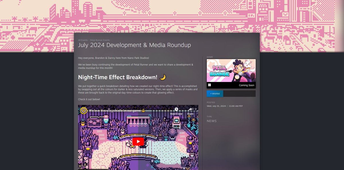 Check out <a href="/nanoparkstudios/">Nano Park Studios</a>' July Newsletter for #PetalRunner! There's a lot to explore:

🌸 Really cool BTS content from <a href="/BJGpixel/">Brandon James Greer</a>
🌸 Recaps of some silly posts (and cute gifs!?)

bit.ly/PetalRunner_Ju…