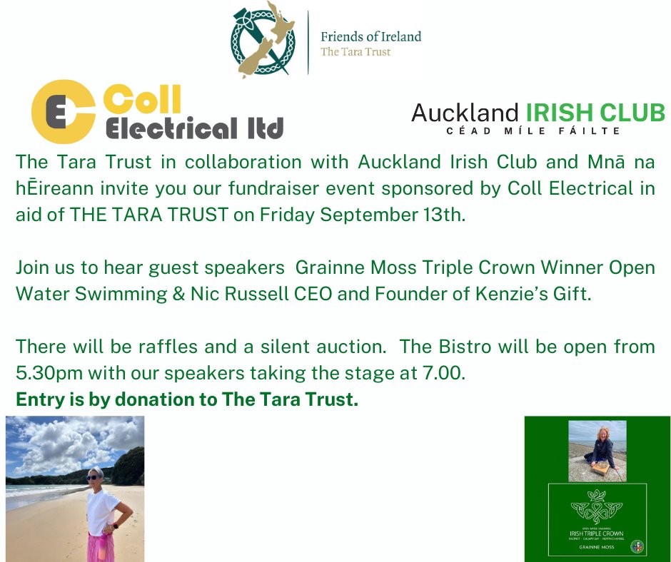 Join us for an evening of inspiration as we hear from two remarkable Irish women, Grainne Moss and Nic Russell, will share their stories of adventure, perseverance, and success in New Zealand. With thanks to Coll Electrical Ltd for sponsorship, this promises to be unforgettable.