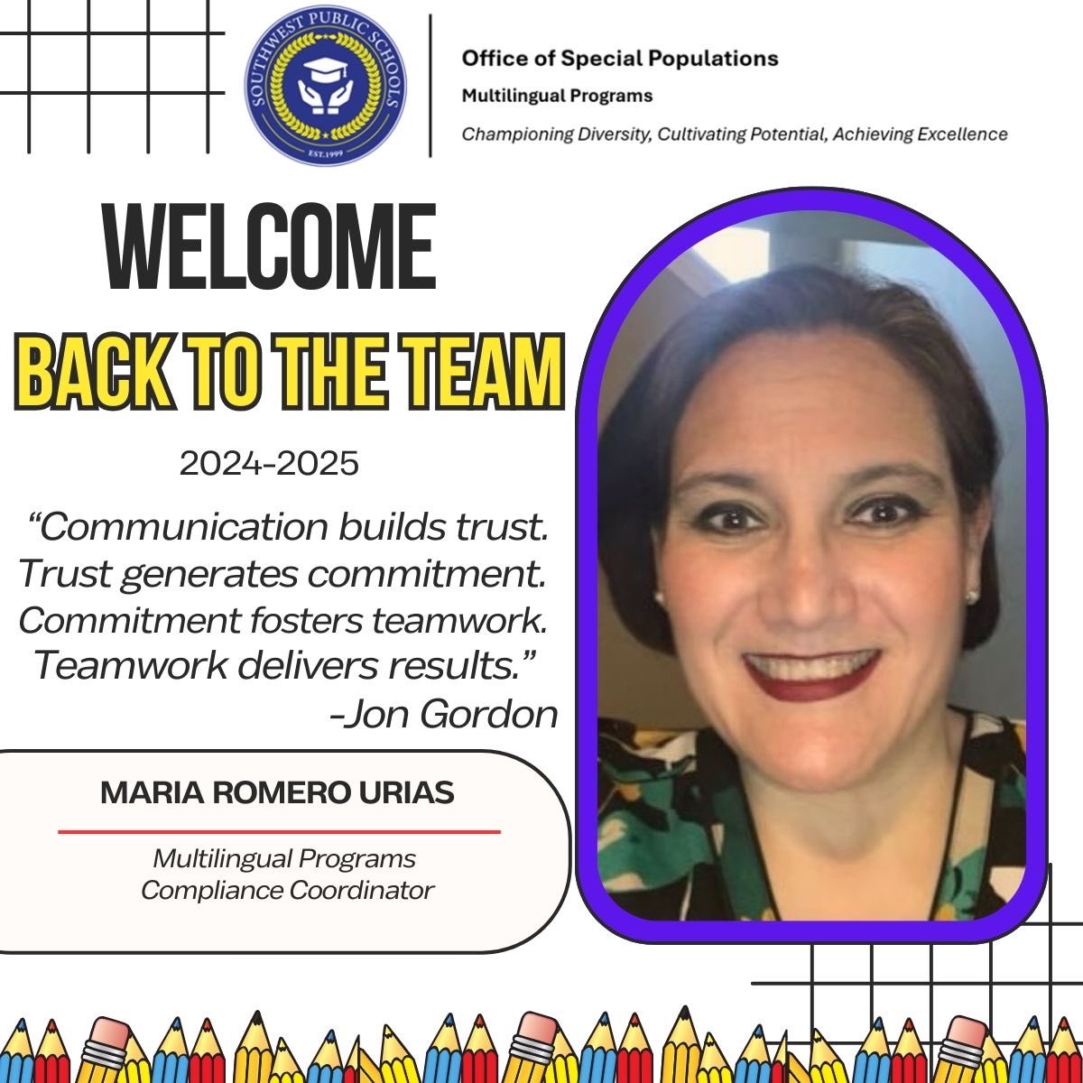 Crystal Maldonado (@c_maldonado07) on Twitter photo ‼️Let’s welcome back <a href="/MSRUrias/">Maria Romero Urias</a> to the Multilingual Programs Team. We are excited to continue seeing her work under her new position with compliance and family involvement for our EBs.‼️ #OSPgoingforthegold <a href="/swschoolstx/">Southwest Public Schools</a> <a href="/AnneMLeal/">AnneLeal</a> ‼️Let’s welcome back <a href="/MSRUrias/">Maria Romero Urias</a> to the Multilingual Programs Team. We are excited to continue seeing her work under her new position with compliance and family involvement for our EBs.‼️ #OSPgoingforthegold <a href="/swschoolstx/">Southwest Public Schools</a> <a href="/AnneMLeal/">AnneLeal</a>