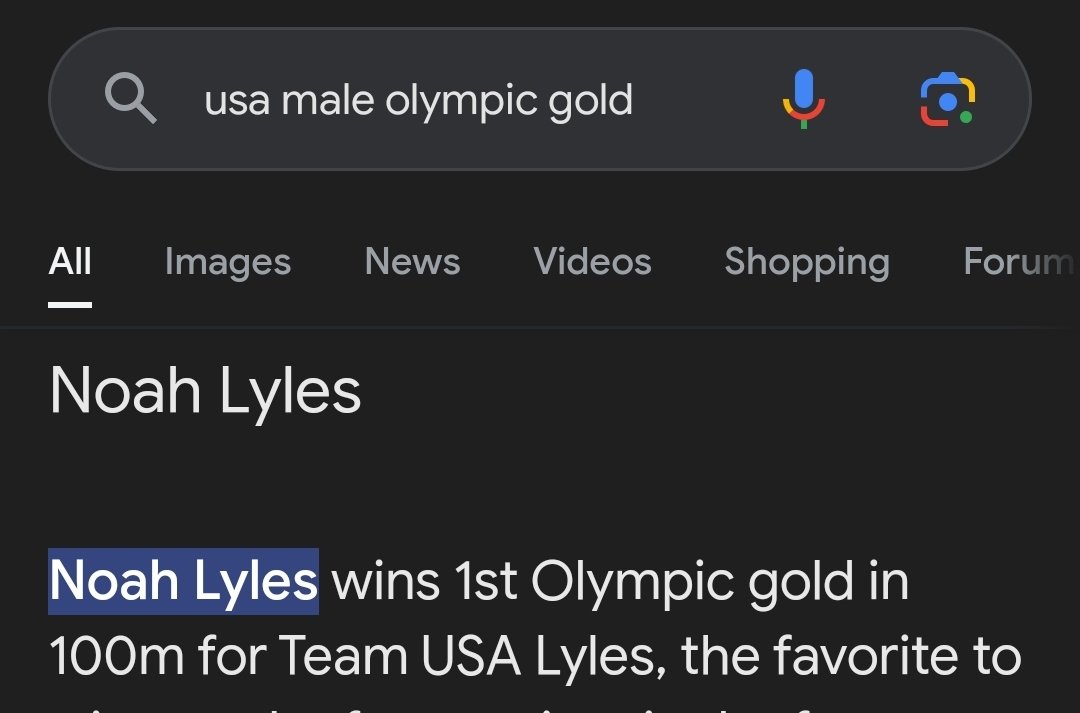 I haven't been on Twitter in 10,000 years and I came back just to say that this Search Result made me scream <a href="/LylesNoah/">Noah Lyles, OLY</a> 

Not even a category search just TOP result 🏆