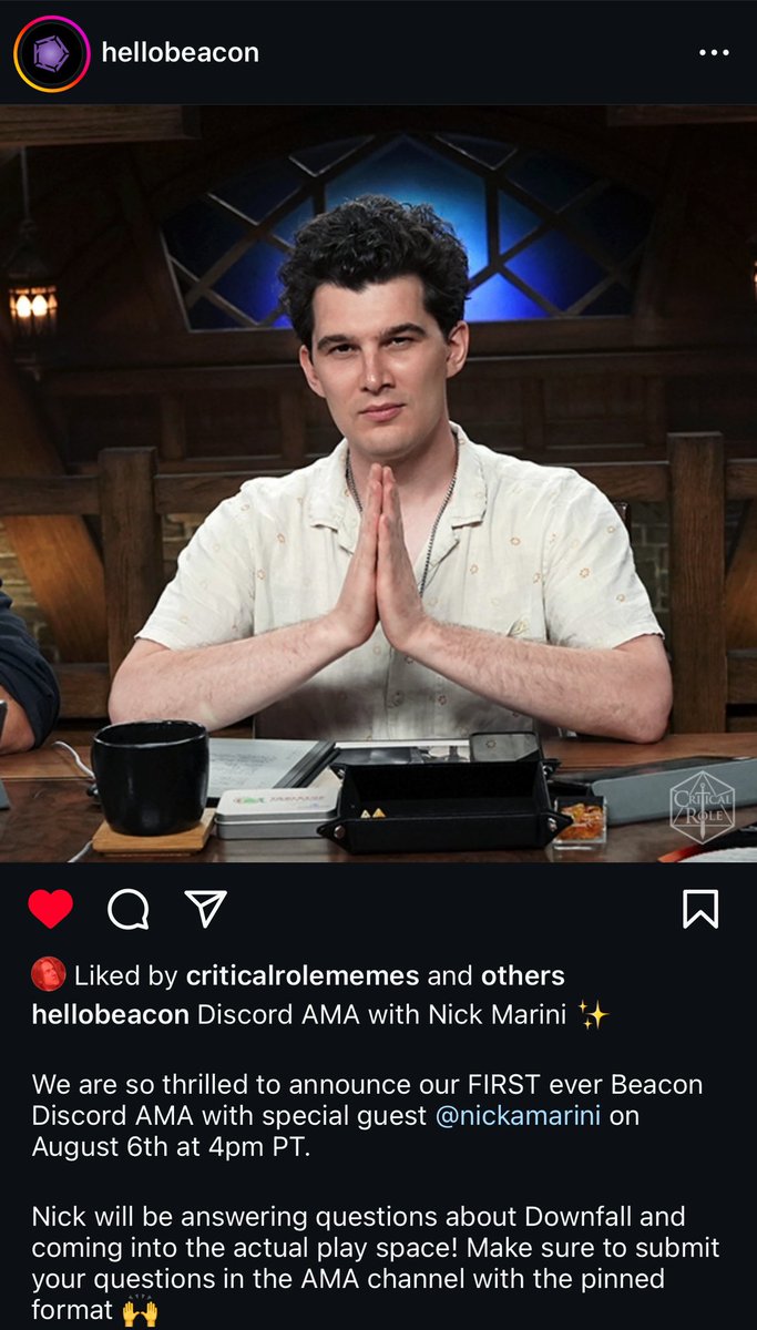 Nick Marini (@nicholas_marini) on Twitter photo Gonna be answering questions about <a href="/CriticalRole/">Critical Role</a> #Downfall tomorrow as well as talking my crazy 4 class support build! Itβs on the Beacon Discord! Cant wait to chat with you all! ππβ€οΈ Bolo canβt make it (rip) so you should! Gonna be answering questions about <a href="/CriticalRole/">Critical Role</a> #Downfall tomorrow as well as talking my crazy 4 class support build! Itβs on the Beacon Discord! Cant wait to chat with you all! ππβ€οΈ Bolo canβt make it (rip) so you should!