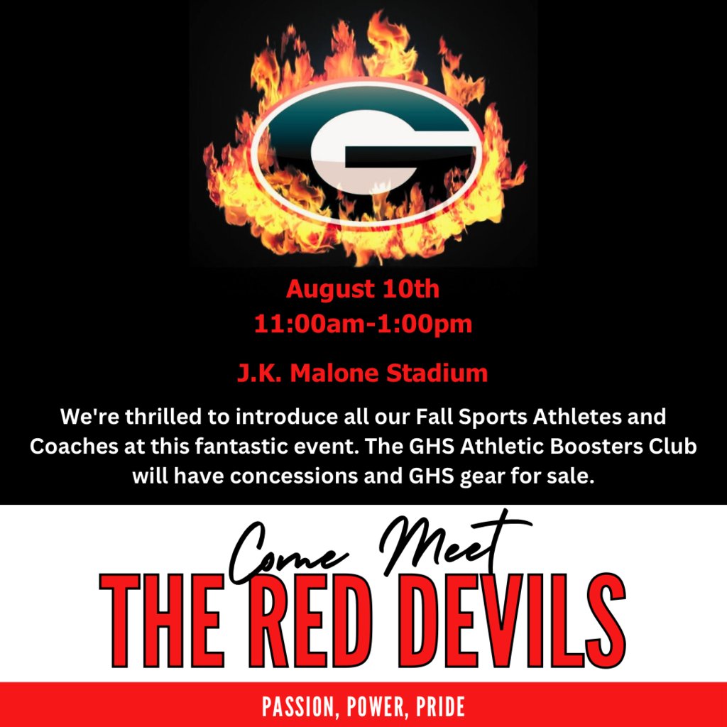 Come out and meet the fall athletes at GHS! See you on Saturday.