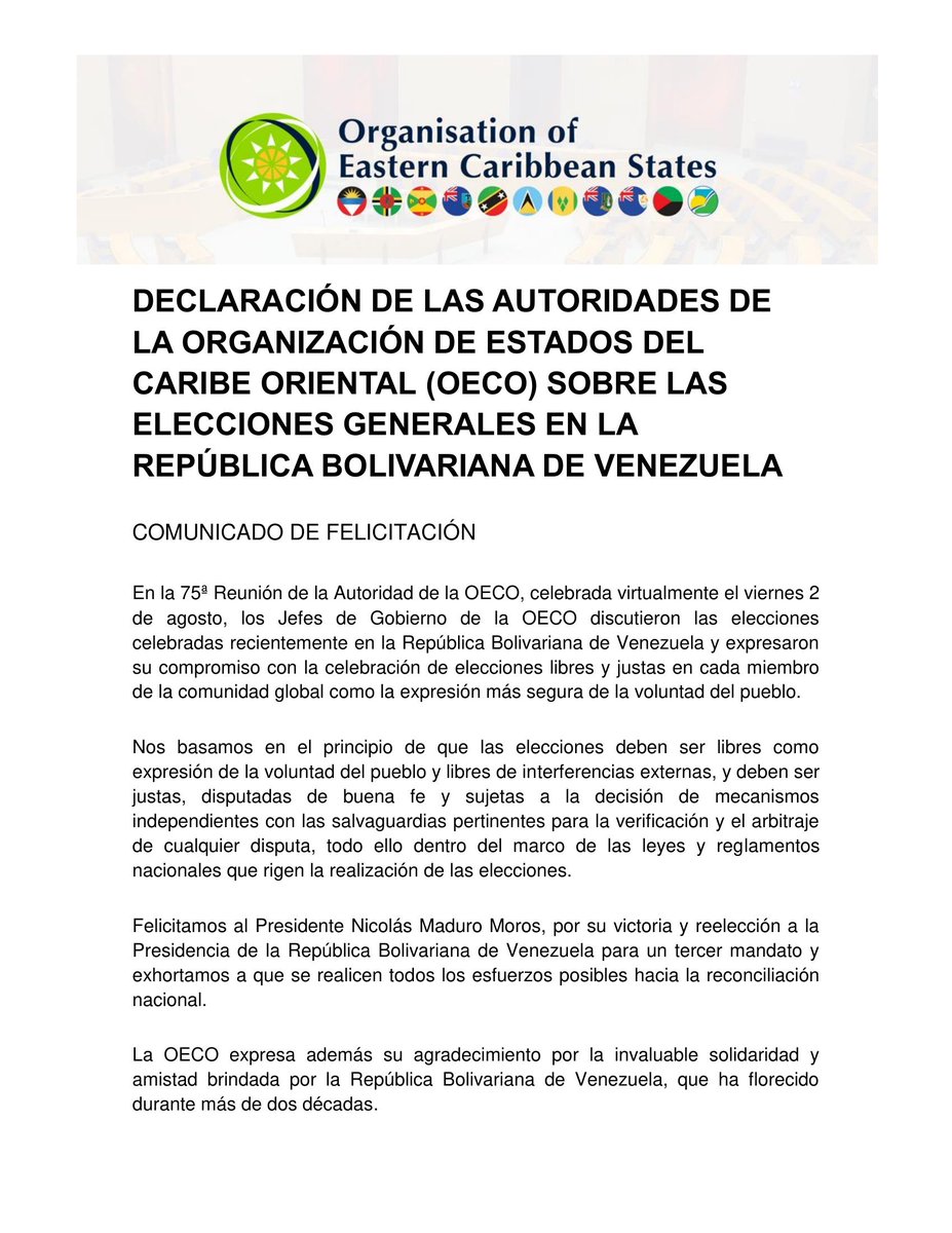 #COMUNICADO🔴 En nombre del Presidente <a href="/NicolasMaduro/">Nicolás Maduro</a> y del pueblo venezolano agradecemos a la Organización de Estados del Caribe Oriental, por su felicitación por la realización de las elecciones presidenciales el pasado 28 de julio. El proyecto Bolivariano continuará