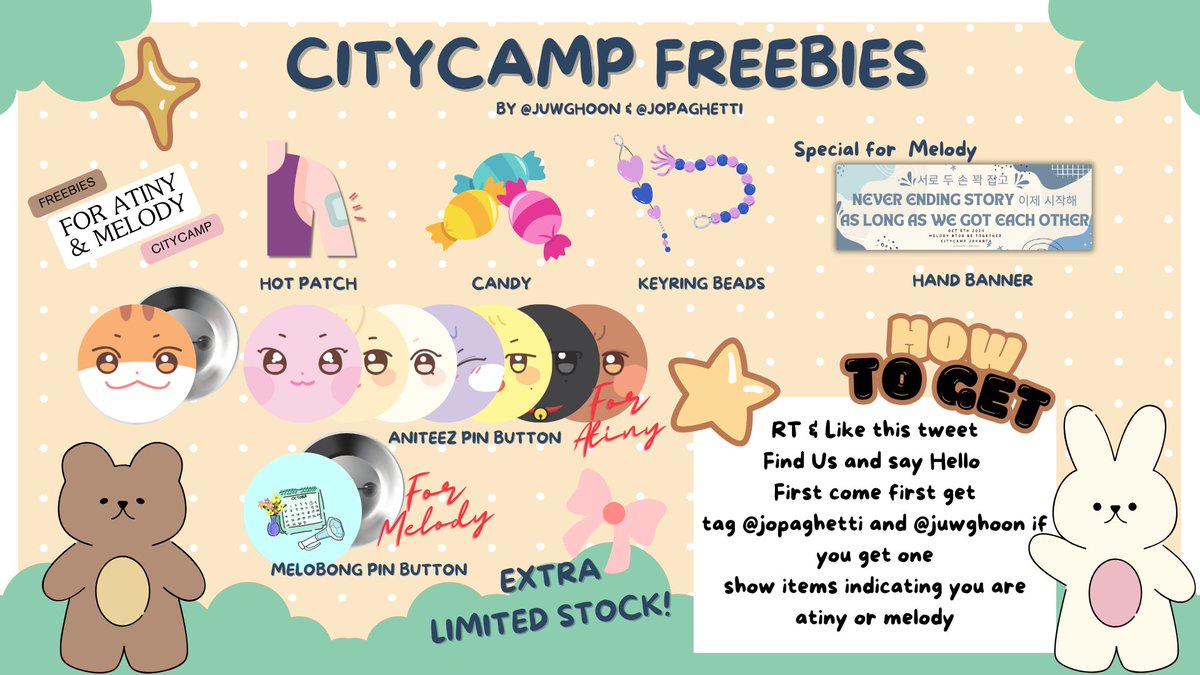 🎀 CITY CAMP 2024 FREEBIES 𖹭˚⋆

✮ freebies by : <a href="/juwghoon/">Gemi</a> &amp; @jopaghetti

Dedicated for ATINY and MELODY 💞

📆 05 October 2024
📍 Indonesia Arena
🕰 time tba

[:] more details in pics ᯓ★

#CityCamp2024 #ATEEZinCityCamp2024 #ATEEZ  #BTOBinCityCamp2024 #BTOB