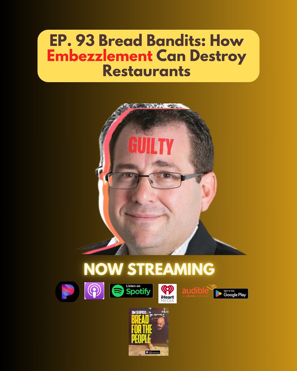 NEW BREAD FOR THE PEOPLE PODCAST EP STREAMING EVERYWHERE Jim Serpico discusses the prevalence of embezzlement in the restaurant industry, sharing personal anecdotes and industry insights. podcasts.apple.com/us/podcast/jim…