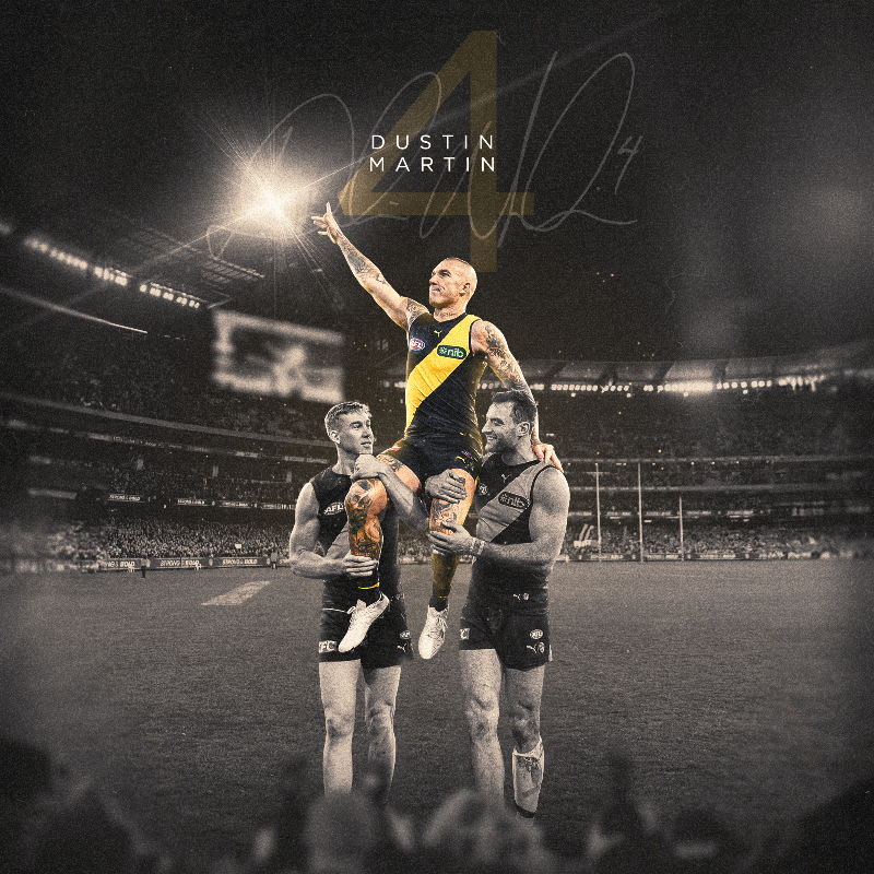 Richmond_FC's tweet photo. The legend @DustinMartin4 has called time on his illustrious 15-year AFL career.

One of the best to ever do it.

Thank you for everything, Dusty 💛🖤
