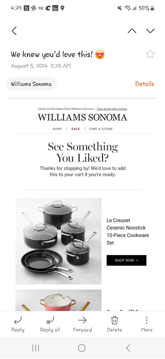 mlmredhead's tweet photo. @WilliamsSonoma headed to your store today, to shop for the le creuset ceramic non stick, and they had no clue what I was talking about. Looked on your website yesterday, it was available. Received this email this morning, now it is not available. Idgi https://t.co/aMedxq3LkD