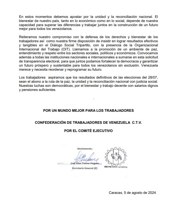 <a href="/SoyCTV/">CTV</a> ante la cívica y emotiva jornada electoral del #28Julio2024, deplora el retardo de informar los resultados transparentes y pide el cese a la represión a las protestas pacíficas.