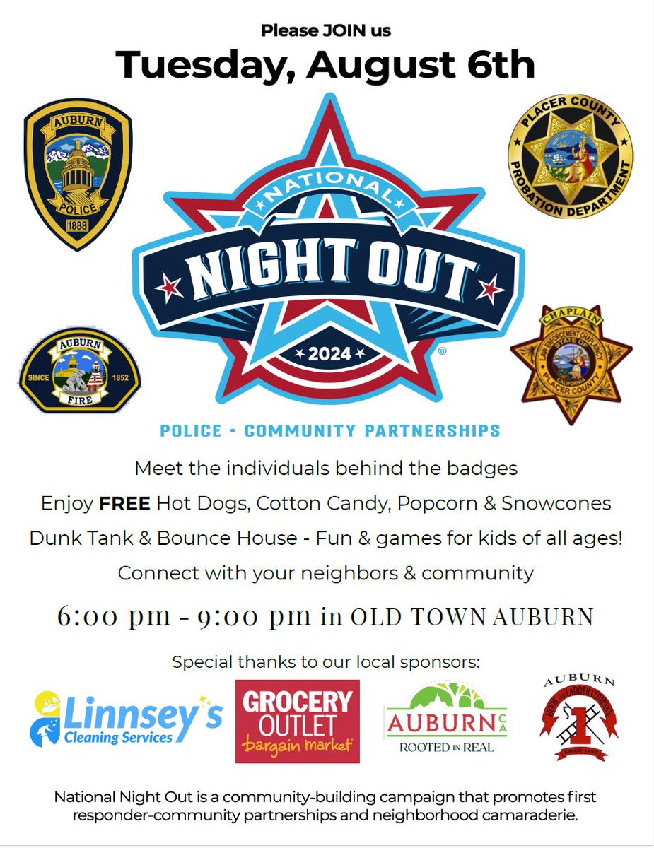 🚨 Tomorrow is National Night Out 2024! 🚓

Join us for a night of community fun and safety with the Auburn Police Department!

🗓️ Date: August 6th
⏰ Time: 6:00 PM - 9:00 PM
📍 Location: Old Town Auburn
