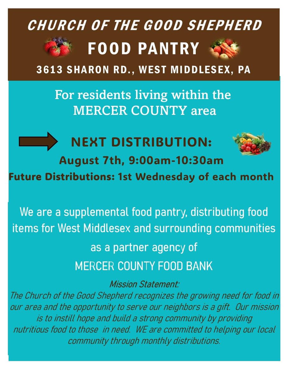 LeahAnnWilliams's tweet image. West Middlesex (PA) community residents! ❤️ Food Pantry this Wednesday morning from 9-10:30 at Good Shepherd Church. We will also have fresh produce. @GoodShepherdWM