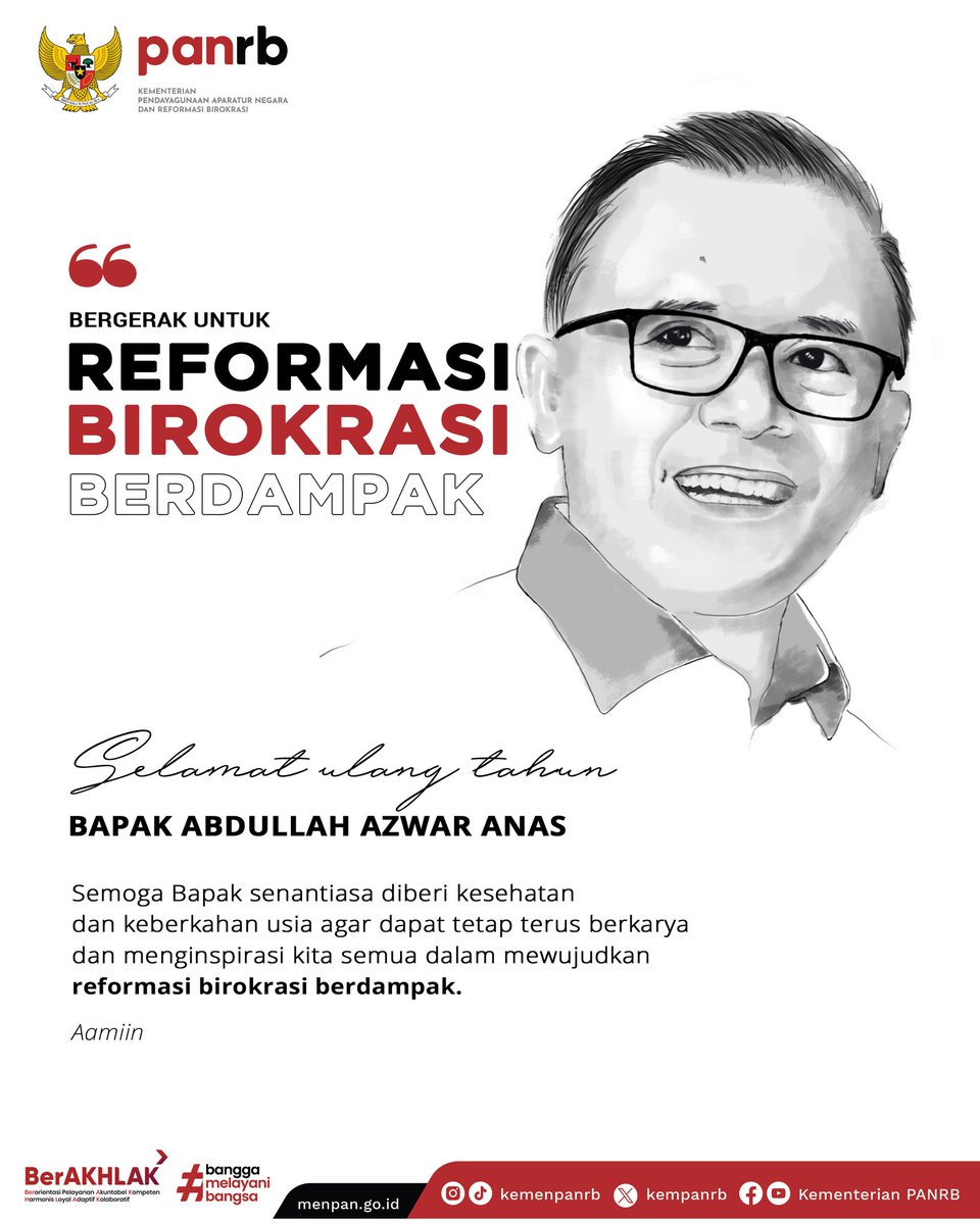 kempanrb's tweet photo. Selamat Ulang Tahun ke-51, Bapak Abdullah Azwar Anas.
Semoga Allah SWT selalu melindungi dan meridhoi seluruh langkah Bapak dalam membangun Birokrasi Berdampak!
Sampaikan ucapan dan doamu untuk Menteri Anas di kolom komentar yuk!
__
#KemenPANRB
#MenPANRB
#AzwarAnas https://t.co/40wTmmH9qS