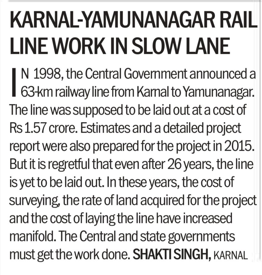 shaktisinghadv's tweet image. #Karnal-#Yamunanagar #RailLine work in slow lane.
#Central and state #government's must get the #work done.

#Railways #Railway #RailSeva #Rail #करनाल #यमुनानगर #रेलवे #रेल #रेलवेलाईन #रेललाईन #पटरी
@AshwiniVaishnaw @RailMinIndia @GM_NRly @RailwayNorthern @rlda_india @RailwaySeva