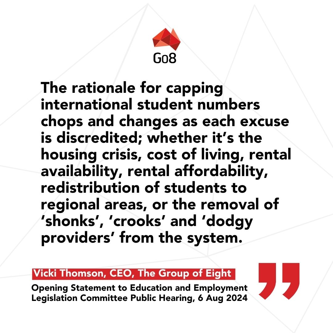 From <a href="/GroupOfEight/">#Go8</a> CE <a href="/ThomsonVicki/">Vicki Thomson</a>'s Opening Statement to the Education and Employment Legislation Committee ESOS Amendment (Quality and Integrity) Bill 2024.  Read the Statement in full here: go8.edu.au/opening-statem…
#HigherEducation #internationaleducation