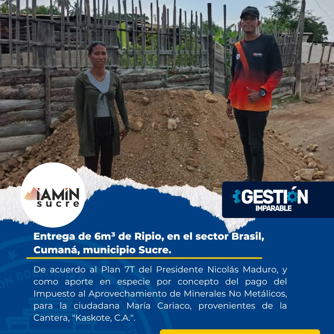 En cumplimiento del Plan 7T del Pdte. <a href="/NicolasMaduro/">Nicolás Maduro</a>, se entregaron 6m³ de Ripio, en el sector Brasil, Cumaná, mcpio #Sucre
<a href="/NicolasMaduro/">Nicolás Maduro</a> @GPintoVzla
#PatriaSoberanaYPlena
#SucreTerritorioDePaz #Sucre
