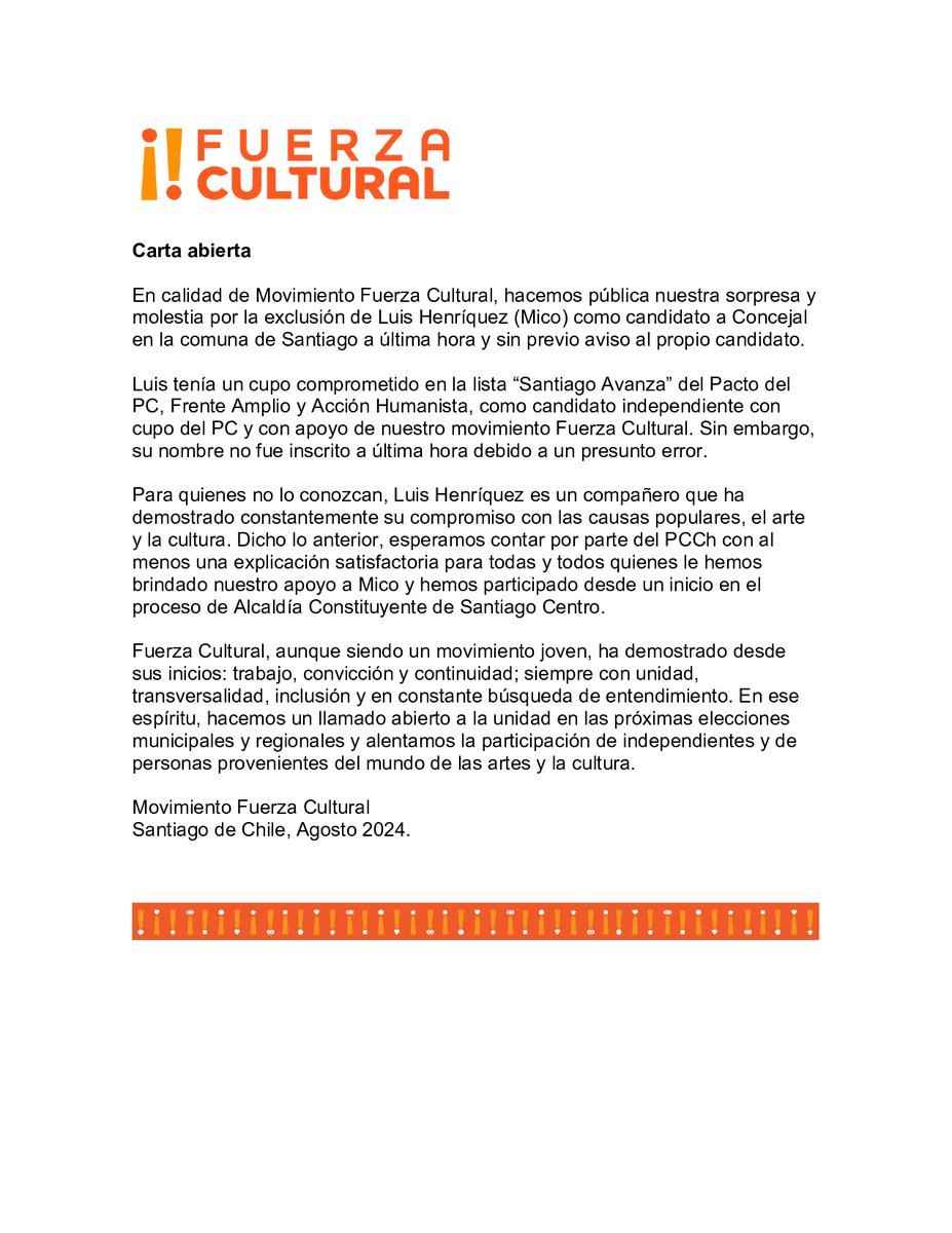 Carta Abierta en apoyo a nuestro compañero Luis Henríquez (Mico) por la injusta exclusión de su candidatura a concejal por Santiago

#elecciones2024
#santiagoavanza