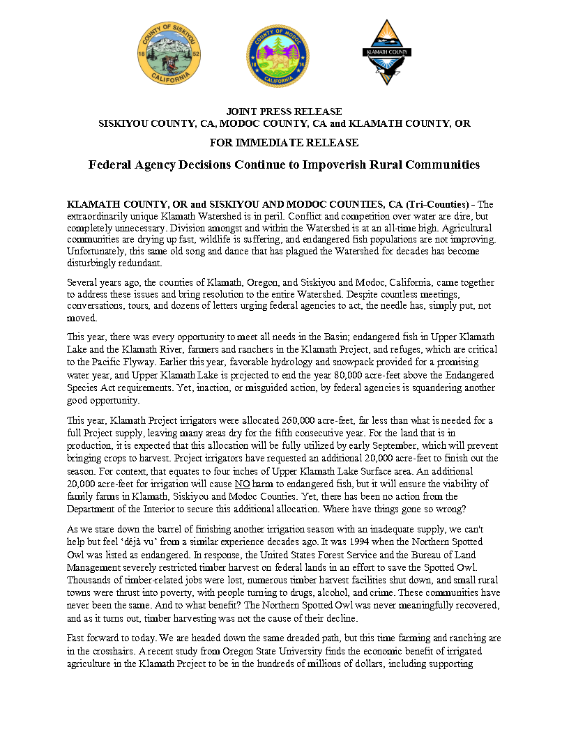 County_Siskiyou's tweet image. 𝗧𝗿𝗶-𝗖𝗼𝘂𝗻𝘁𝘆 𝗝𝗼𝗶𝗻𝘁 𝗣𝗿𝗲𝘀𝘀 𝗥𝗲𝗹𝗲𝗮𝘀𝗲

𝗙𝗲𝗱𝗲𝗿𝗮𝗹 𝗔𝗴𝗲𝗻𝗰𝘆 𝗗𝗲𝗰𝗶𝘀𝗶𝗼𝗻𝘀 𝗖𝗼𝗻𝘁𝗶𝗻𝘂𝗲 𝘁𝗼 𝗜𝗺𝗽𝗼𝘃𝗲𝗿𝗶𝘀𝗵 𝗥𝘂𝗿𝗮𝗹 𝗖𝗼𝗺𝗺𝘂𝗻𝗶𝘁𝗶𝗲𝘀

Learn more: co.siskiyou.ca.us/supervisors/pa…

@KlamathWater @CountyKlamath #modoccounty