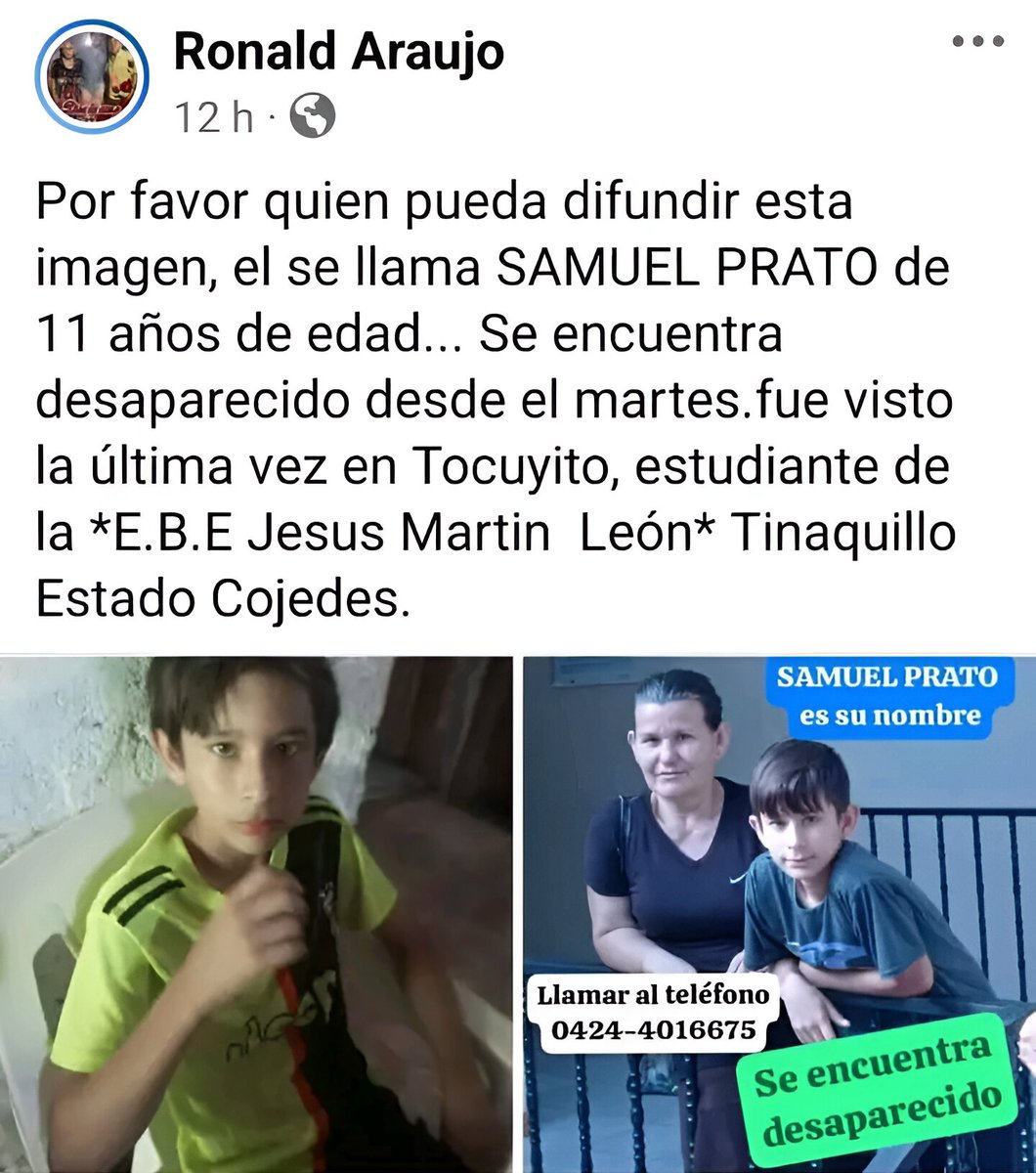 este es Samuel prato; tiene 11 años, y esta desaparecido desde el martes. 

11 AÑOS.

DIFUNDIR‼️‼️‼️