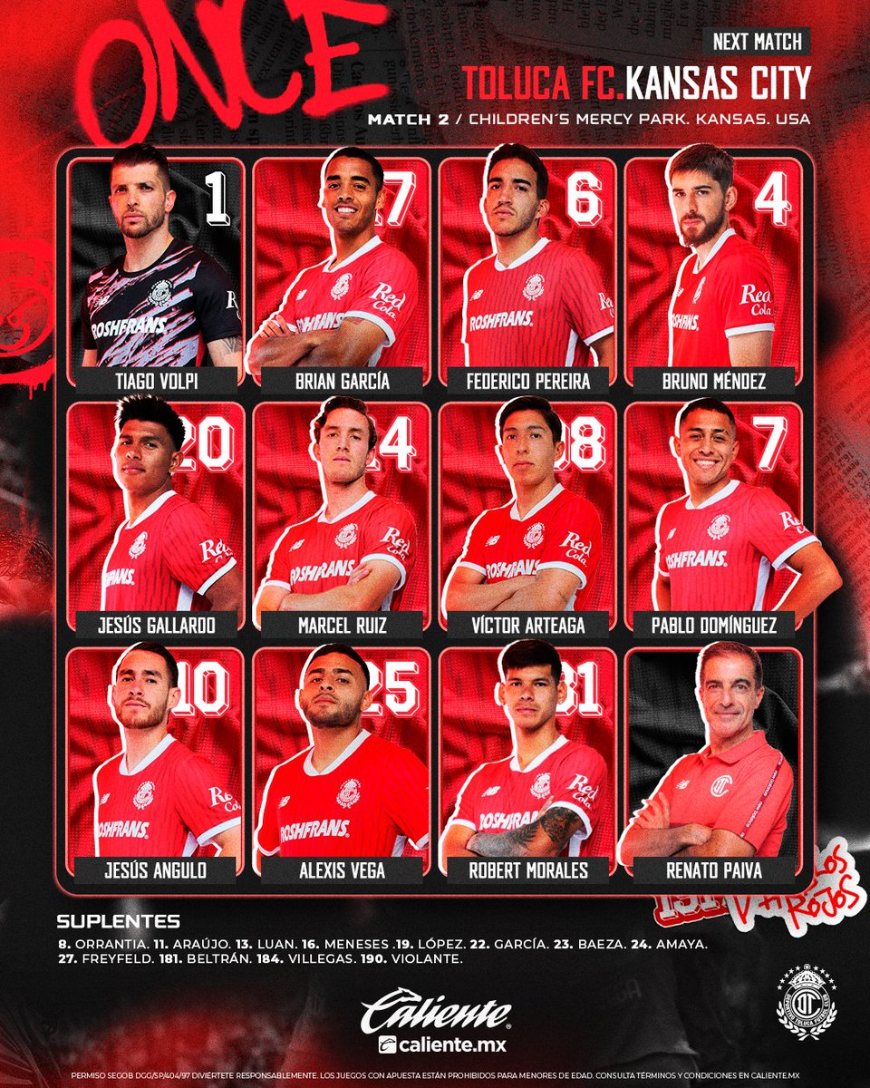 TolucaFC's tweet photo. 📝👹| ¡El XI inicial de esta noche, con el que pelearemos por el liderato del grupo!

Regístrate ahora en https://t.co/9VFI2Tg7dQ y recibe $1000 de regalo para tu primera apuesta. 💸⚽️

📲 https://t.co/ga9UFFhMYo

#ApuestaEnCaliente #MásAcciónMásDiversión https://t.co/q7ebaKcD6Q