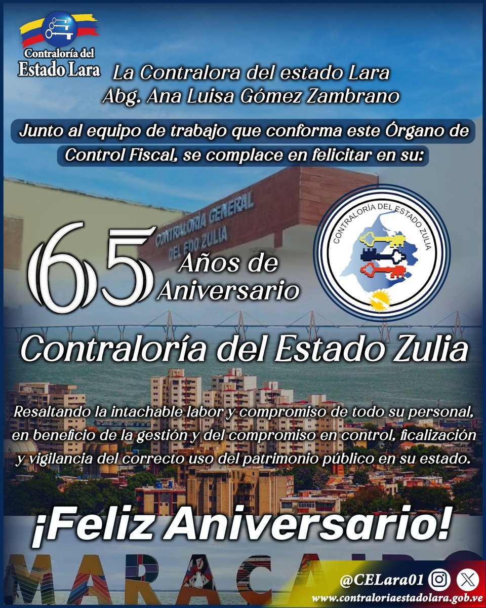 La Contralora del estado Lara, Abg. Ana Luisa Gómez Zambrano, en nombre de todo el personal que integra este órgano de control fiscal, se complace en felicitar a todos los servidores públicos que integran la la <a href="/CEZulia01/">CEZulia</a> al arribar a su 65 aniversario.
<a href="/CGRVenezuela/">CGR Venezuela</a>