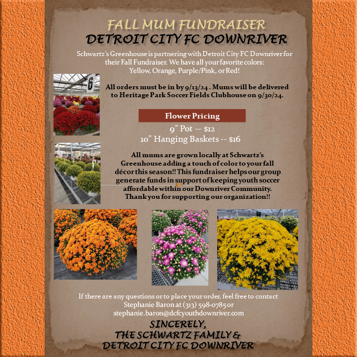 DCFCDownriver's tweet photo. ⚜️ MUM FUNDRAISER ⚜️ Calling all flower lovers! DCFC Downriver is partnering with Schwartz’s Greenhouse for our Fall Fundraiser. All mums are grown locally at Schwartz’s Greenhouse. Purchase today &amp; add a touch of color to your fall décor this season! 
Thank you for your support! https://t.co/Syh9ku4GWJ