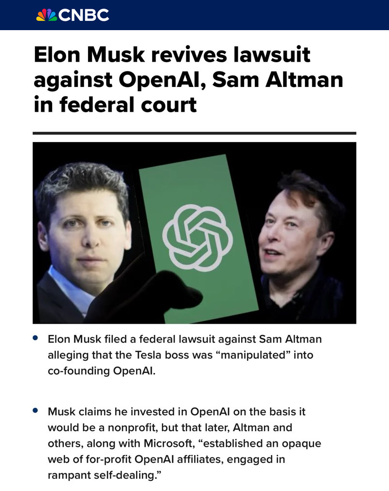 BREAKING: Elon Musk revives lawsuit against OpenAI and Sam Altman.

Musk claims he invested in OpenAI on the basis it would be a nonprofit, but that later, Altman, along with Microsoft, “established an opaque web of for-profit OpenAI affiliates, engaged in rampant self-dealing.”