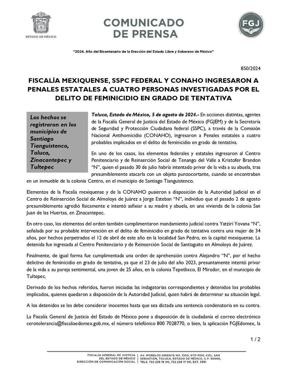 FiscaliaEdomex's tweet photo. #Detenidos. En acciones distintas, agentes de la #FiscalíaEdoméx y de la @SSPCMexico, a través de la Comisión Nacional Antihomicidio #CONAHO, ingresaron a Penales estatales a cuatro probables implicados en el delito de feminicidio en grado de tentativa registrados en los municipios de #SantiagoTianguistenco, #Toluca, #Zinacantepec y #Tultepec.

https://t.co/jj7D92eC66
