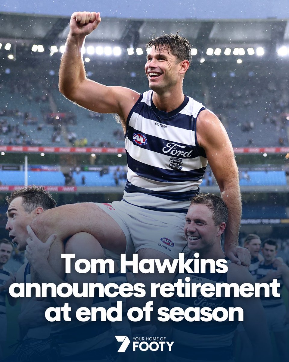 7AFL's tweet photo. Tom Hawkins will call time on his career at the end of the year 👏

📌 3x premiership player
📌 5x All-Australian
📌 2020 Coleman Medallist
📌 Geelong's games record holder
📌 11x Geelong leading goalkicker

What a career 💪 https://t.co/RgVicDBoTz