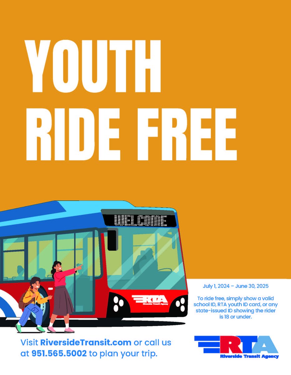 BanningUnified's tweet photo. 🎒🚌 Great news for our students! Riverside Transit Agency (RTA) is offering free bus rides to anyone age 18 and under through June 30, 2025. Students just need to show the bus driver a valid ID. 🚍✨
#BackToSchool #FreeBusRides #RTA #StudentPerks #BanningUSD #WeAreBanning https://t.co/RhLGQhrIY6