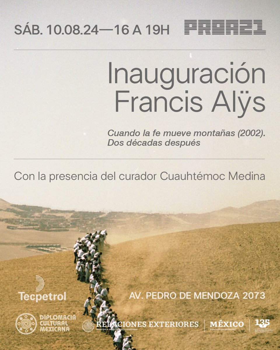 CUANDO LA FE EN BUENOS AIRES. Este sábado 10 de agosto a las 16:00 inauguramos “Cuando la fe mueve montañas” de <a href="/francisalys/">Francis Alÿs</a>, en Proa21 <a href="/FundacionPROA/">Fundación Proa</a>, que organizó el <a href="/MuseodeArteLima/">MALI — Museo de Arte de Lima</a>. ¡TODXS BIENVENIDXS!