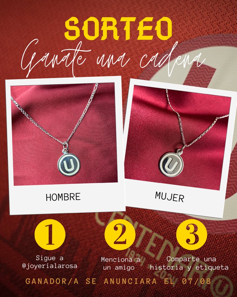 ¡SORTEO POR EL CENTENARIO! 🎁

Hola, cremas. Este miércoles 7 de agosto regalaré una cadena de plata con dije ‘U’ en Instagram.

Los pasos están súper sencillos. Les comparto el link para que participen: instagram.com/p/C-NwWIlpMVD/… 

Si pueden, me apoyan con un RT. 🙌🏽