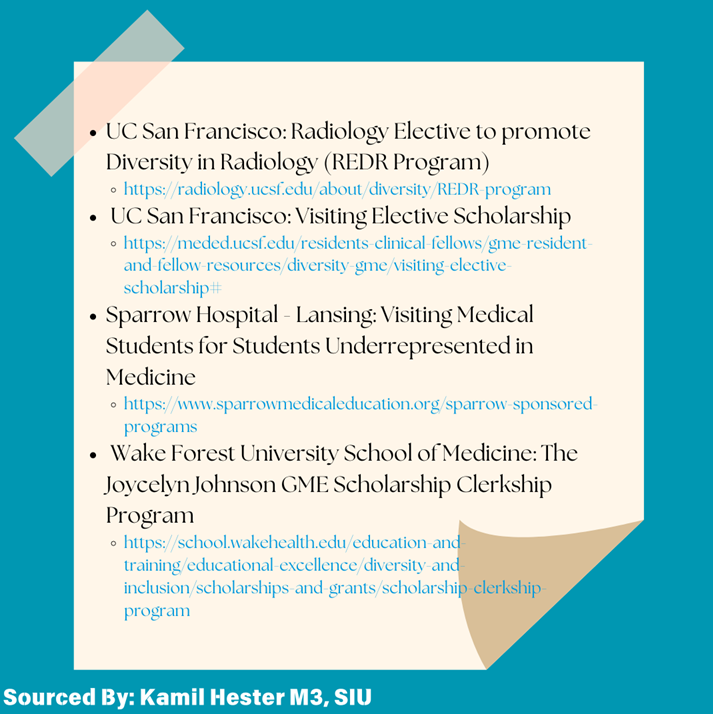 SIR RFS (@sirrfs) on Twitter photo Our first sticky note shares a few DEI scholarships available to visiting medical students sourced by Kamil Hester M3 (<a href="/theshyisfalling/">Kamil Hester</a>). Conceptualized by Chinedum Nkemakolam M4 (@chinnk86). #SIR #DEICommittee #Mentorship #iRad #radiology #InterventionalRadiology Our first sticky note shares a few DEI scholarships available to visiting medical students sourced by Kamil Hester M3 (<a href="/theshyisfalling/">Kamil Hester</a>). Conceptualized by Chinedum Nkemakolam M4 (@chinnk86). #SIR #DEICommittee #Mentorship #iRad #radiology #InterventionalRadiology