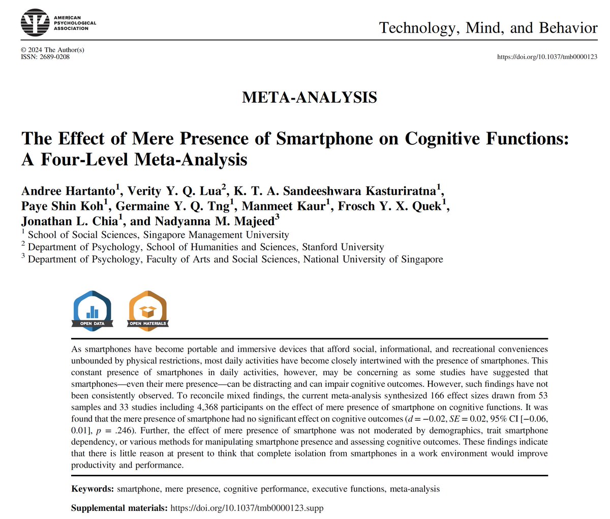 Another psychology finding that makes for a great factoid, but that likely doesn't hold up analytically. Simply having your phone 📱 around does NOT seem to erode your cognitive ability 🧠 after all!
(📄 assets.pubpub.org/mgkf17za/tmb_t…)