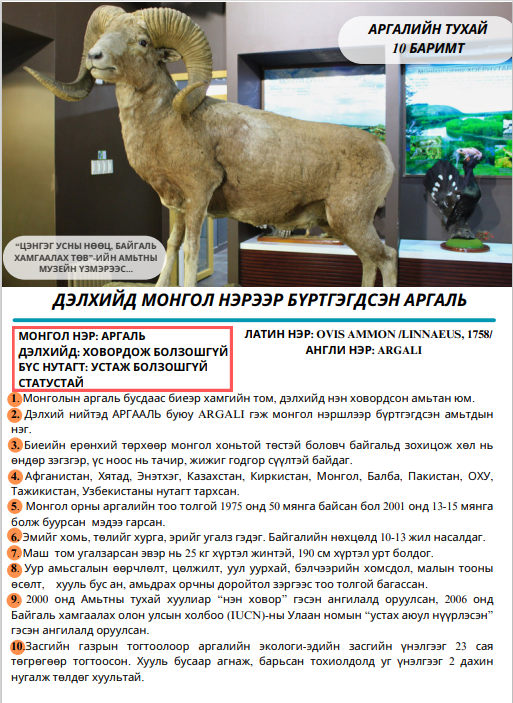 Хамгийн том зэрлэг хонь Аргалийн тухай 10 баримт

Цэнгэг усны нөөц, байгаль хамгаалах төвийн музей 
#Хүүхэд залуучуудын #байгаль ан амьтдын тухай мэдлэгт 
#Байгалиа #танин мэдэж хайрлая.

Байгаль орчин, уур амьсгалын өөрчлөлтийн яам
Цэнгэг усны нөөц, байгаль хамгаалах төв