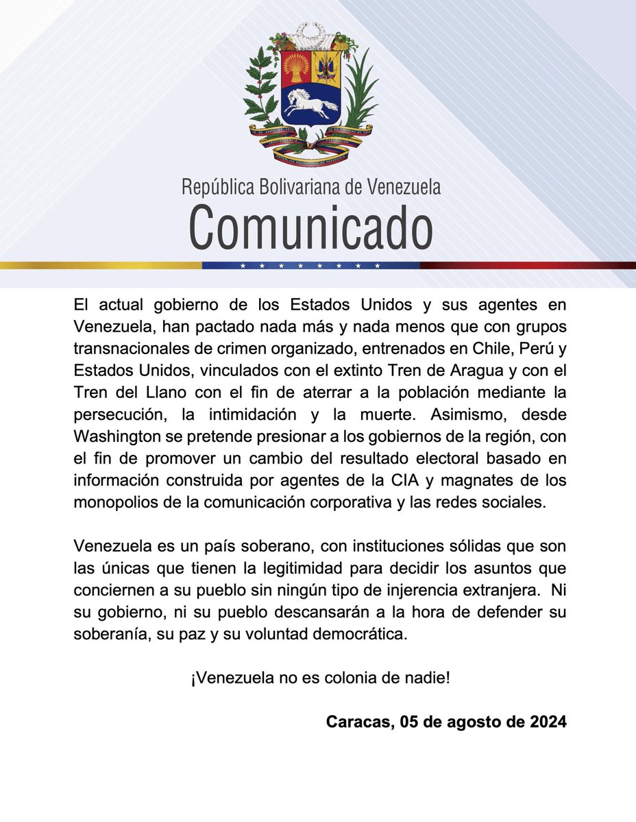 Repudiamos categóricamente las declaraciones del Departamento de Estado de los Estados Unidos de América, donde deja en evidencia que está al frente del intento de golpe de Estado, y que desconoce la voluntad democrática del pueblo Venezolano que reeligió a nuestro CJ y