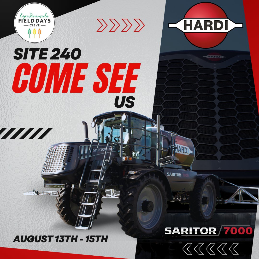 Join us at Site 240 during the Eyre Peninsula Field Days in Cleve from August 13th to 15th! Explore our lineup, including our new Saritor 7000. We can't wait to see you there—make sure to stop by and have a chat! <a href="/EPFieldDays/">EP Field Days</a>