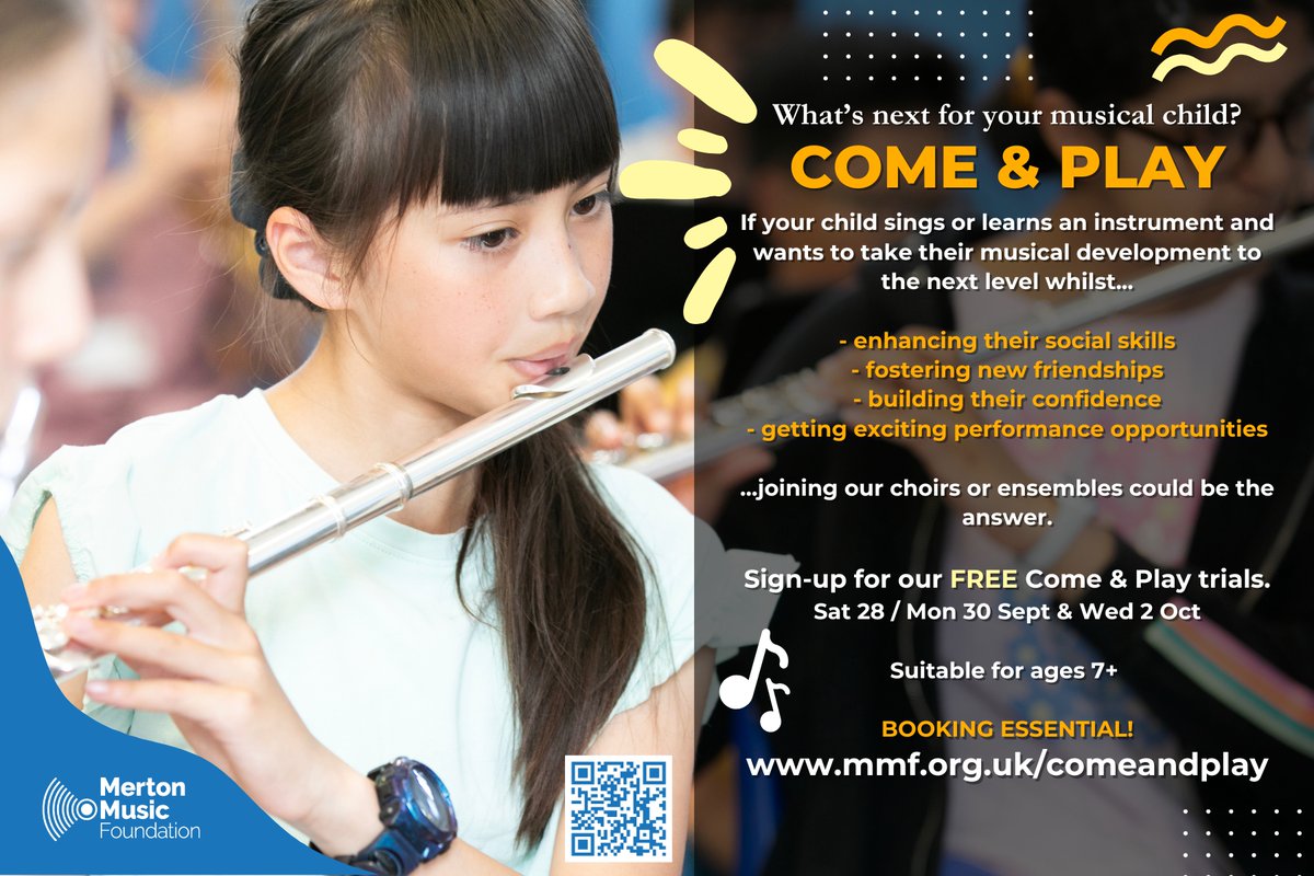 🎶 Does your child sing or play an instrument? Sign them up for our free Come &amp; Play Sessions this autumn term and let them experience the joy of singing in a choir or playing in an orchestra or ensemble!
Booking essential.
mmf.org.uk/comeandplay

#Wimbledon #SW19 #Morden