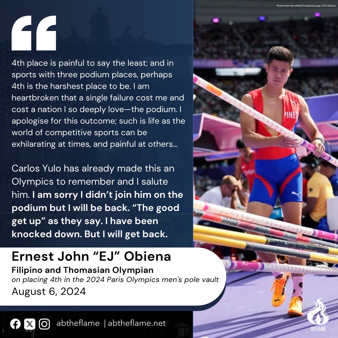 abtheflame's tweet photo. 'I WILL GET BACK' ✊️ 

Asia's No. 1 pole vaulter Ernest John “EJ” Obiena apologizes to his Filipino supporters after his 4th place finish in the 2024 Paris Olympics men's pole vault. https://t.co/i6wpiG2ZnM