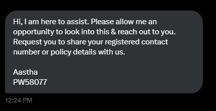 tweetingdsb's tweet photo. @policybazaar 

This is the only response, I got. Employee No. PW58077 never bothered to reply again to address my concern. https://t.co/KFjpiZX3FA