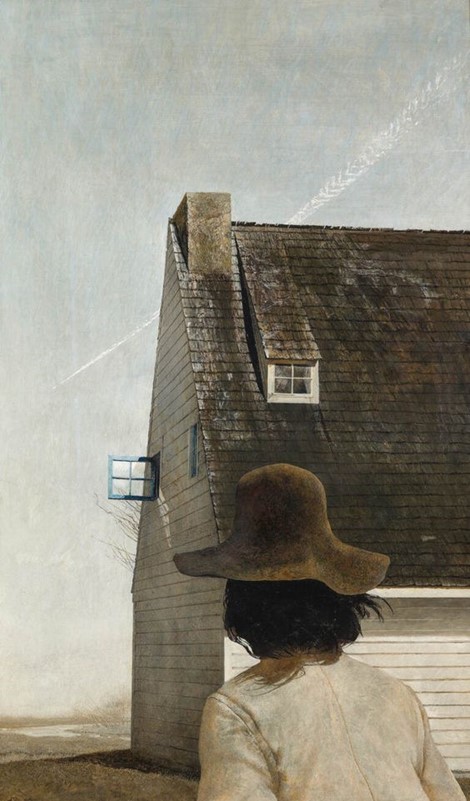 artinsociety's tweet image. What prompts an artist to paint a particular scene that others might never consider or even notice? Here, a behatted person walks away from us by a shingle-roofed house, as one window gapes open &amp;amp; a plane passes high in the sky (Andrew Wyeth, ‘747’, 1980) whyy.org/articles/wyeth…