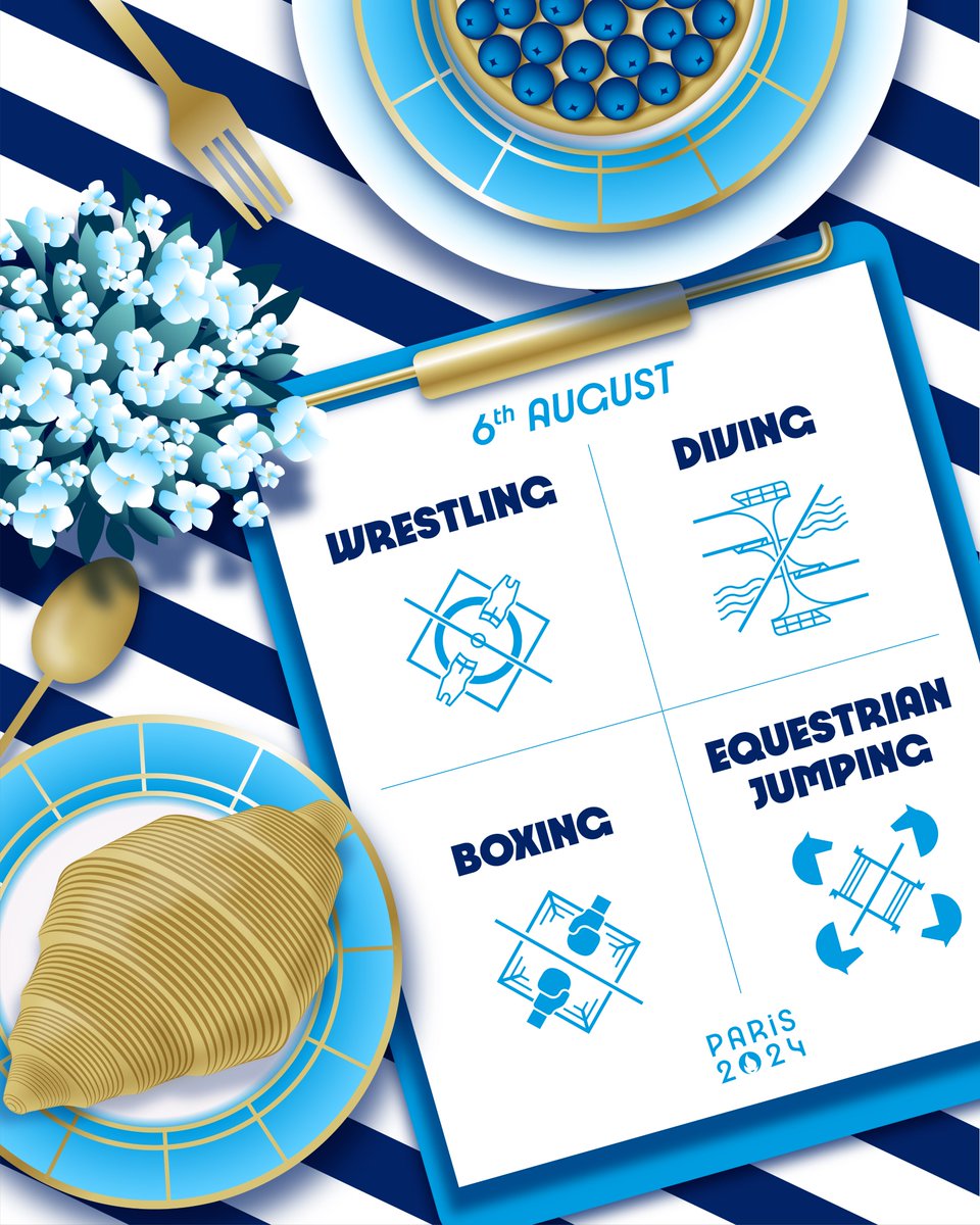 On our menu today: boxing, diving, equestrian jumping, wrestling and some patisseries... of course! And you, what will you be taking?
-
Au programme aujourd'hui : boxe, plongée, saut d'obstacles, lutte et, bien sûr, quelques pâtisseries ! Et vous, que comptez-vous regarder ?

🎨
