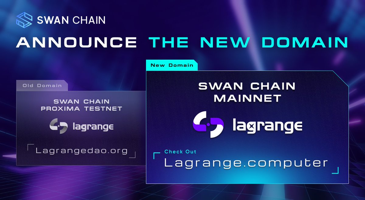 Dear <a href="/lagrangedao/">Lagrange</a> Users,

We are excited to announce that Lagrange has successfully migrated to the Swan Chain mainnet! Our new domain is lagrange.computer.

Important Details:
- The old domain, lagrangedao.org, will remain online but will now only be compatible