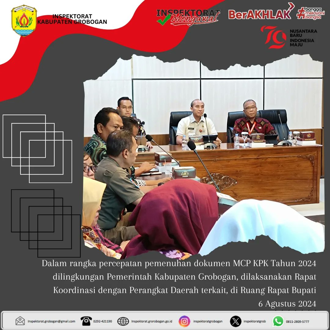 inspektoratgrob's tweet image. Rapat Koordinasi Pemenuhan MCP KPK RI Tahun 2024 dilingkungan Pemerintah Kabupaten Grobogan, 6 Agustus 2024 di Ruang Rapat Bupati.
@MochSusilo1
#mcpkpk2024 #kpkri #apip #inspektoratdaerah #groboganbersemi