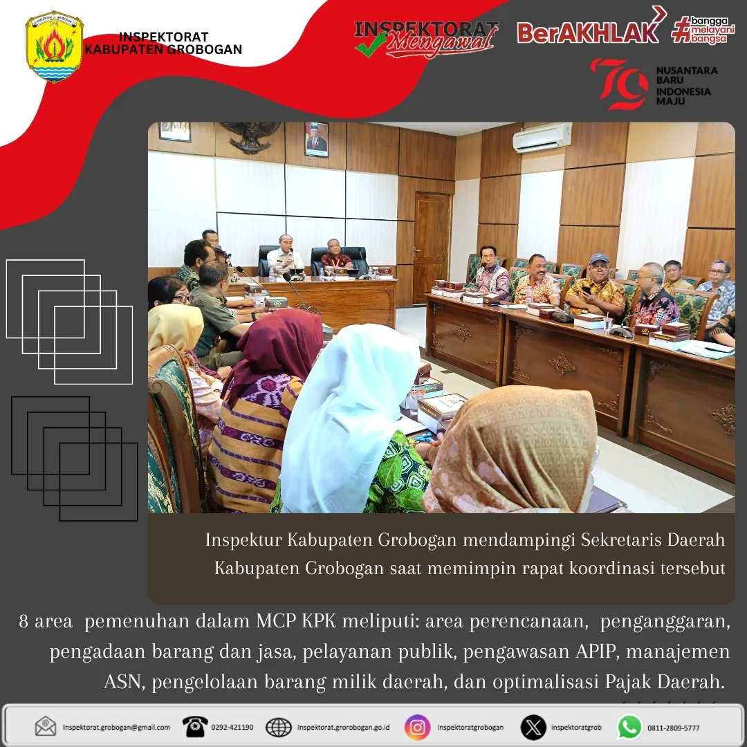 inspektoratgrob's tweet image. Rapat Koordinasi Pemenuhan MCP KPK RI Tahun 2024 dilingkungan Pemerintah Kabupaten Grobogan, 6 Agustus 2024 di Ruang Rapat Bupati.
@MochSusilo1
#mcpkpk2024 #kpkri #apip #inspektoratdaerah #groboganbersemi