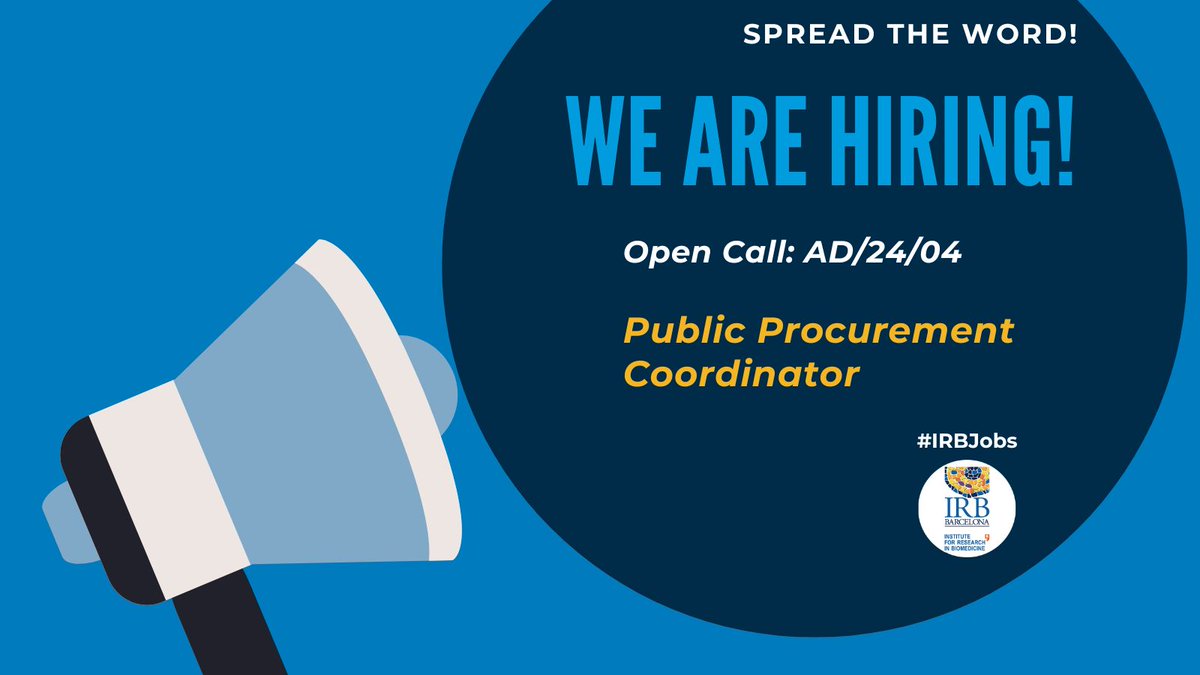 IRBBarcelona's tweet photo. 📢We are #hiring a #PublicProcurement Coordinator to supervise and coordinate the preparation and follow-up of  the administrative documentation of the #IRBBarcelona tender procedures.

Apply here ➡️https://t.co/uSlIKvboUa

#IRBJobs #Jobs 

@iCERCA @_BIST @SOMM_alliance @PCB_UB https://t.co/RZOZlFU75A